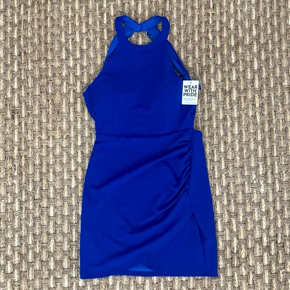 NWT Open-Back Blue Halter Dress, Size 6